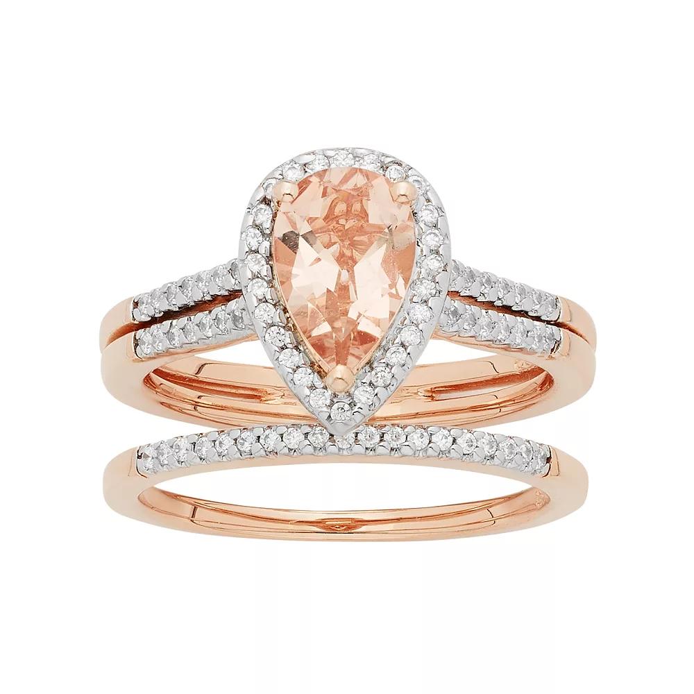 14k Rose Gold Morganite & 1/5 Carat T.W. Diamond Pear Halo Engagement Ring Set, Women's, Size: 7, Pink Product Image