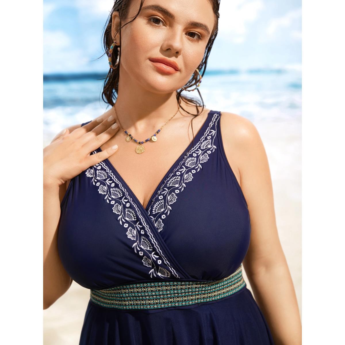 Plus Size Overlap Collar Floral Embroidered Contrast Webbing Swim Dress Women's Swimwear Indigo Beach Bodycon Overlap Collar High stretch Curve Swim Dresses BloomChic 12/L Product Image