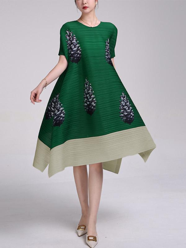 A-Line Loose Flower Print Pleated Round-Neck Midi Dresses Product Image