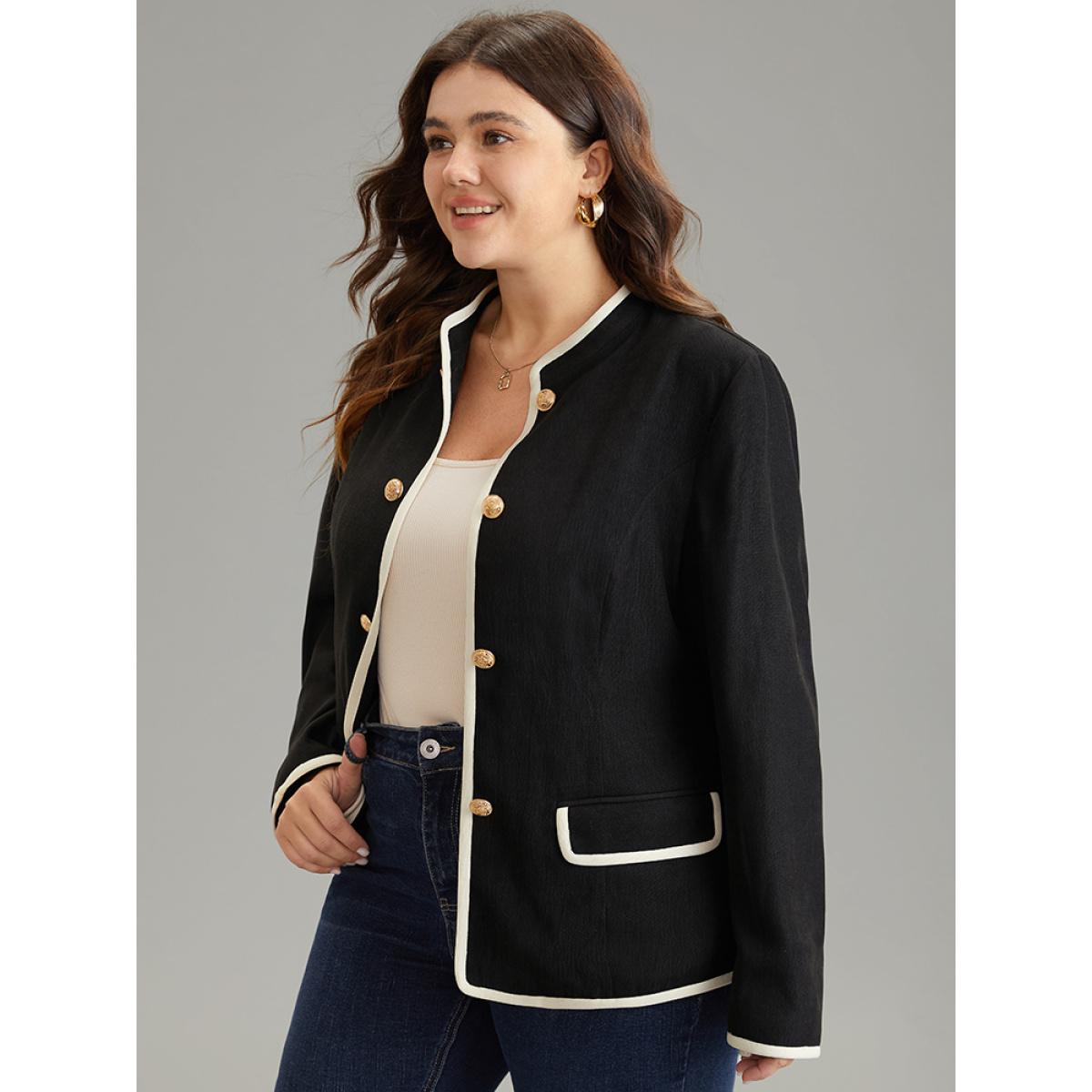 Plus Size Corduroy Metal Detail Contrast Trim Flap Pocket Blazer Women Black Office Lined Ladies Work Winter Coats BloomChic 12/L Product Image