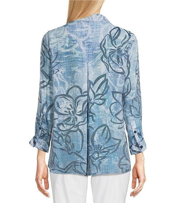 Ali Miles Woven Abstract Floral Print Point Collar 3/4 Sleeve Hi-Low Hem Tunic Product Image