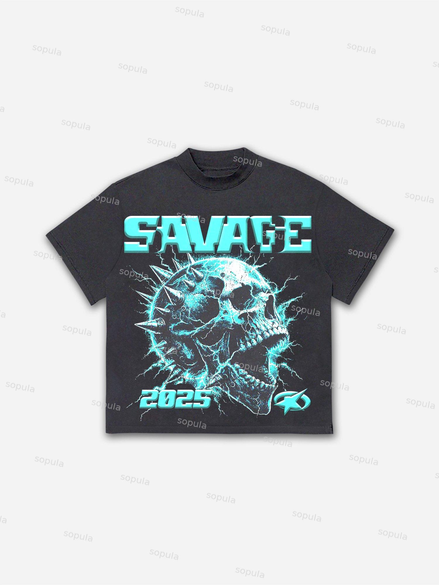 Savage Lightning Skull Print Cotton T-shirt Product Image