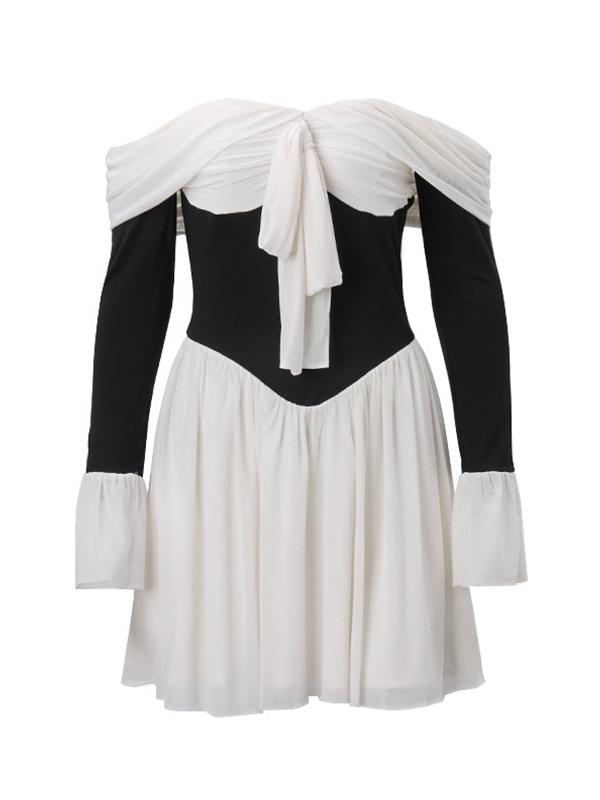 Off Shoulder Corset Splice Flare Sleeve Mini Dress Product Image