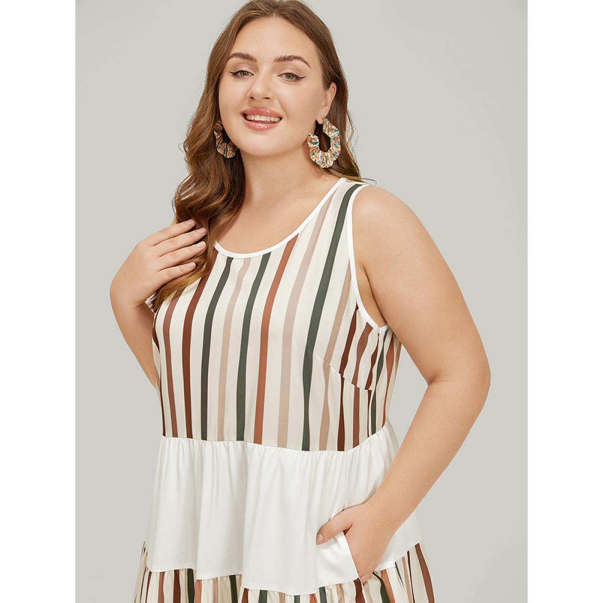 Plus Size Striped Patchwork Pocket Layered Hem Tank Dress Multicolor Women Vacation Contrast Round Neck Sleeveless Curvy Knee Dress BloomChic 30/6X Product Image