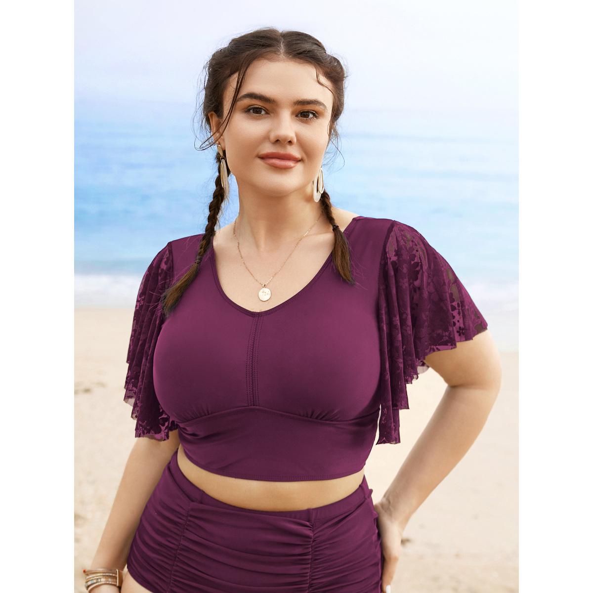 Plus Size U Neck Crochet Lace Mesh Swim Top Women's Swimwear Burgundy Resort Texture High stretch Skinny U-neck Curve Swim Tops BloomChic 26/4X Product Image