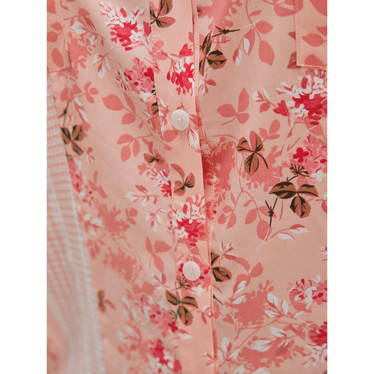 Plus Size MistyRose Floral Patchwork Pocket Button Up Arc Hem Blouse Women Elegant Short sleeve Shirt collar Dailywear Blouses BloomChic 10/M Product Image