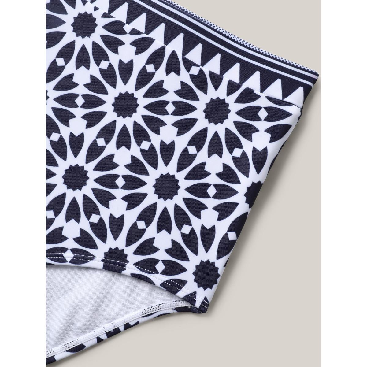 Plus Size Geometric Print Surplice Neck Swim Dress Women's Swimwear Indigo Beach Bodycon Overlap Collar High stretch Curve Swim Dresses BloomChic 18-20/2X Product Image