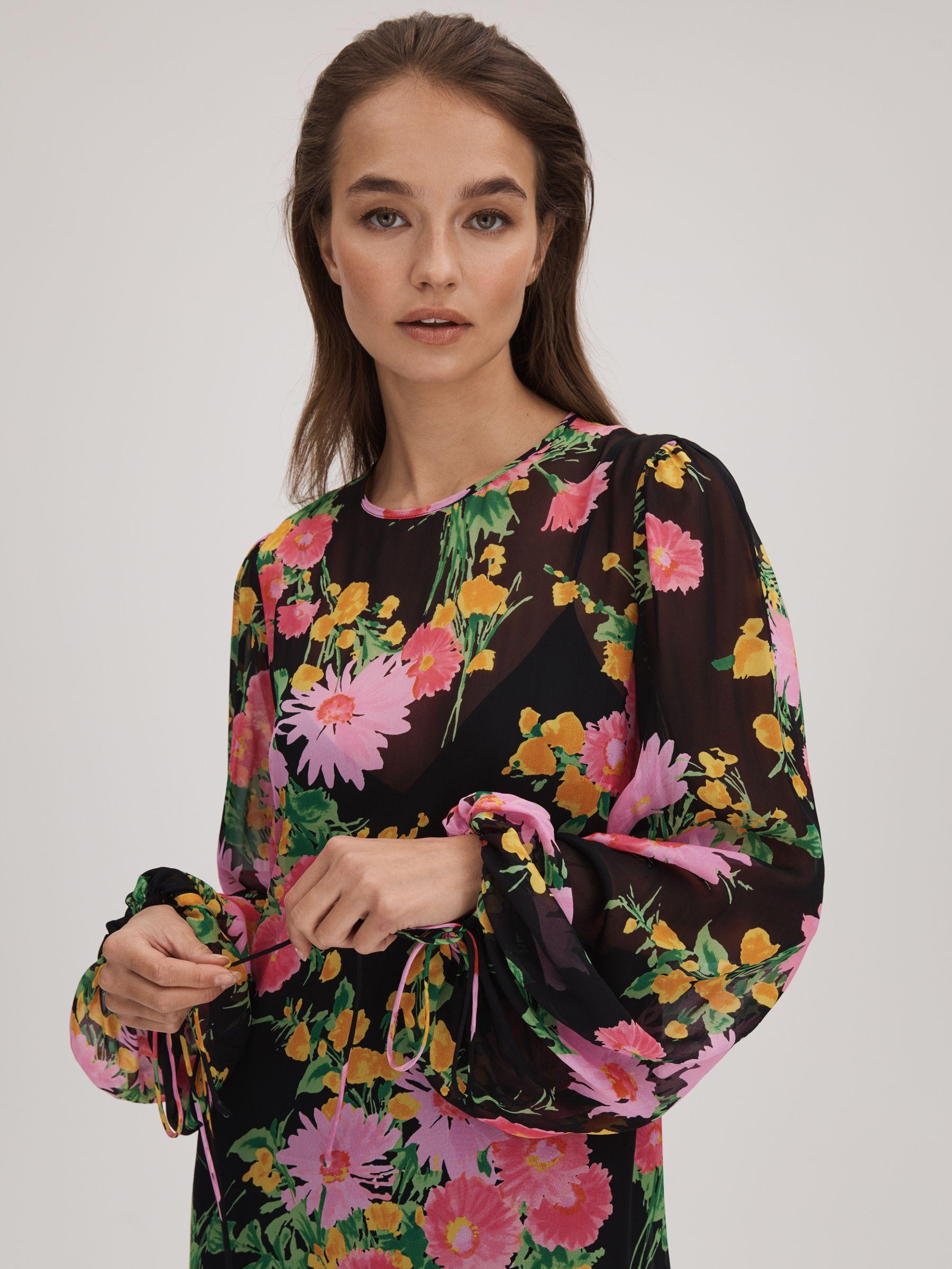 Florere Sheer Asymmetric Midi Dress in Pink/Black Product Image