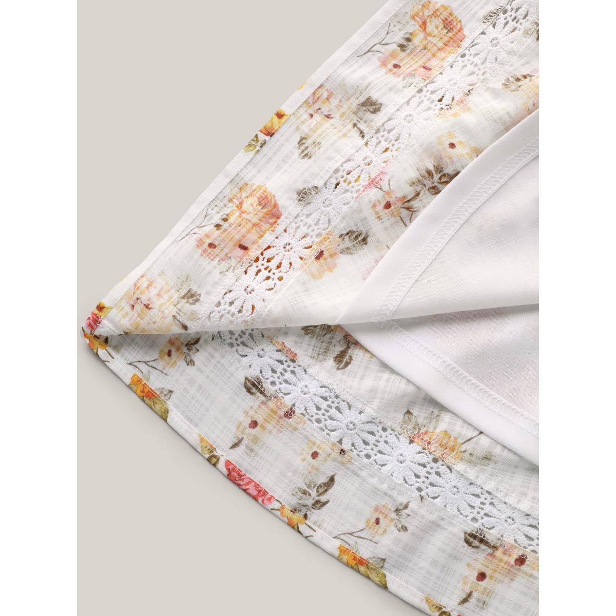 Plus Size Multicolor Floral Lace Trim Textured Babydoll Top Women Short sleeve V-neck Vacation Blouses BloomChic 22-24/3X Product Image