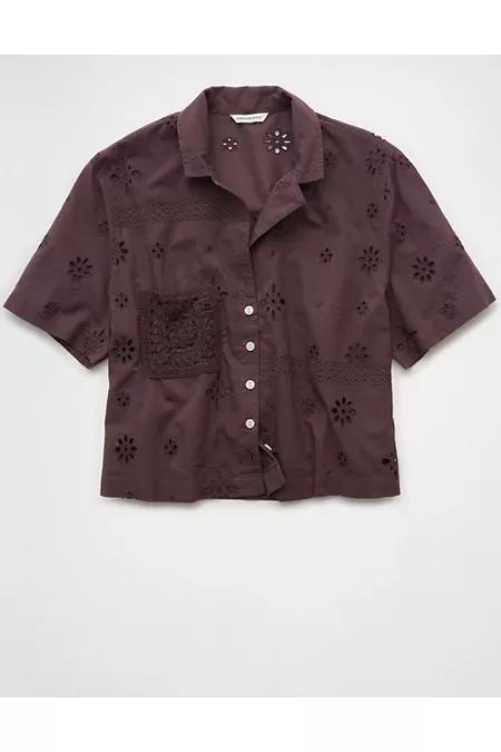 AE Short-Sleeve Embroidered Button-Up Shirt Women's Product Image