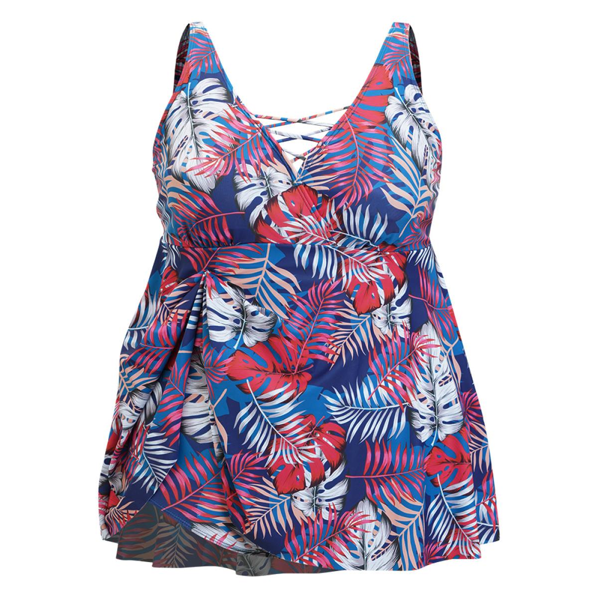 Plus Size Tropical Print Wrap Ruffles Crisscross Swim Dress Women's Swimwear Indigo Vacation Bodycon V-neck High stretch Curve Swim Dresses BloomChic 30/6X Product Image
