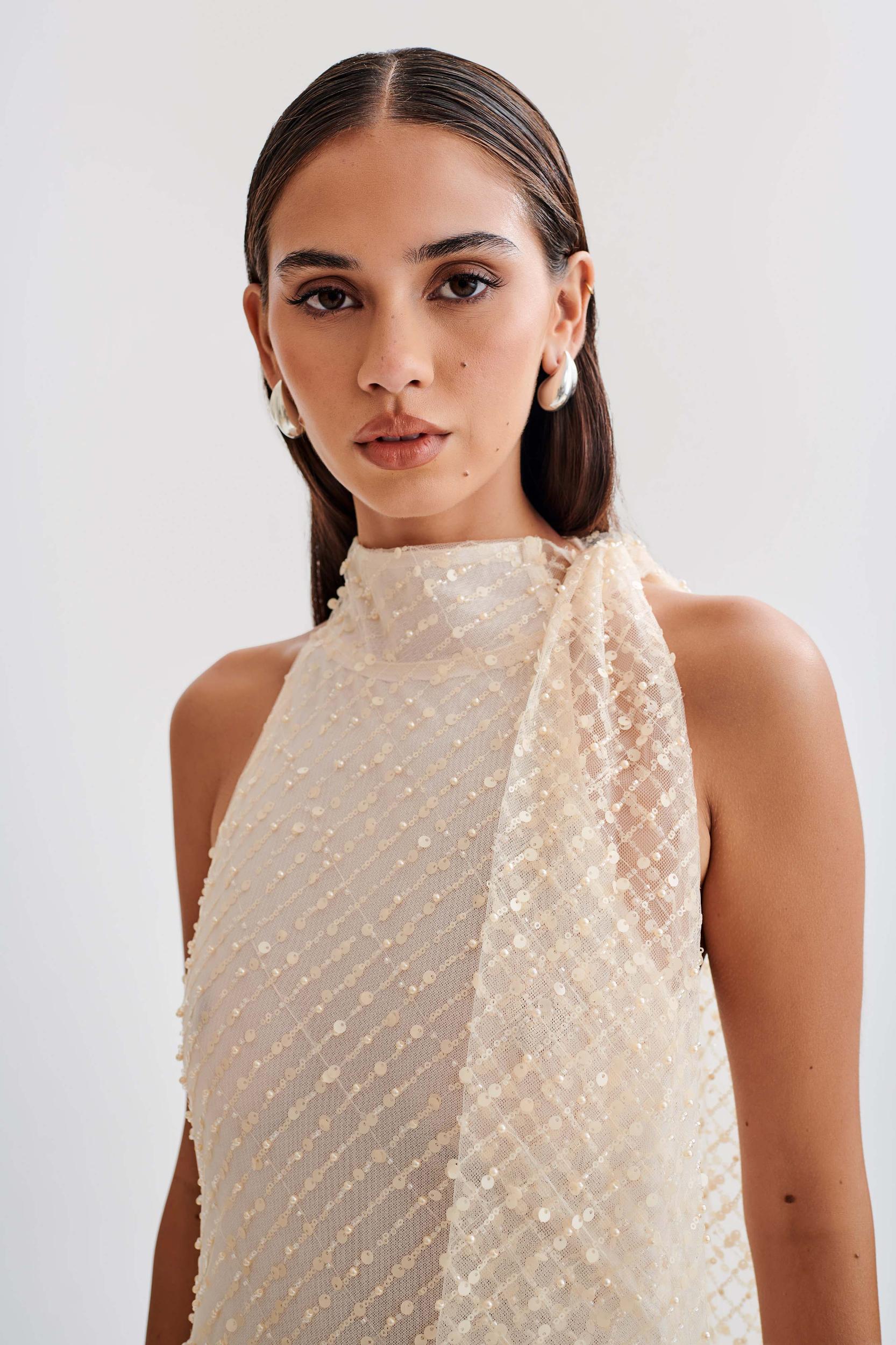 Aubriella Sequin Halter Mini Dress With Tie - Buttercream Product Image