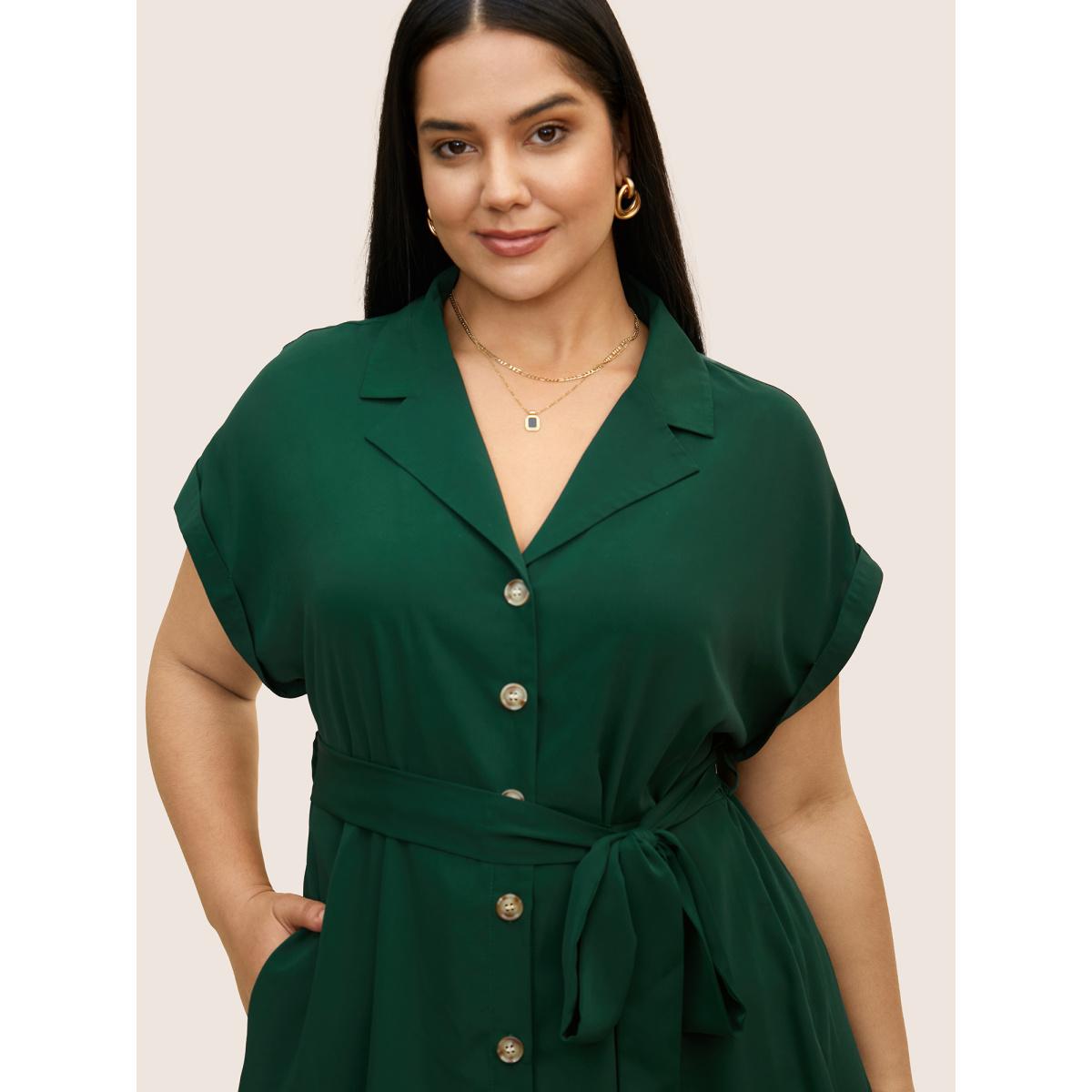 Plus Size Suit Collar Button Detail Batwing Sleeve Dress DarkGreen Women At the Office Belted Suit Collar Cap Sleeve Curvy BloomChic 18-20/2X Product Image