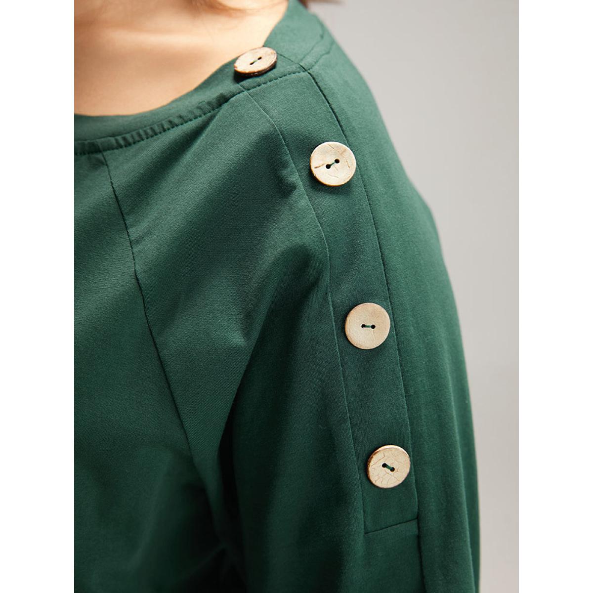 Plus Size Cotton Plain Button Detail Raglan Sleeve T-shirt DarkGreen Women Casual Plain Plain Round Neck Dailywear T-shirts BloomChic 18-20/2X Product Image