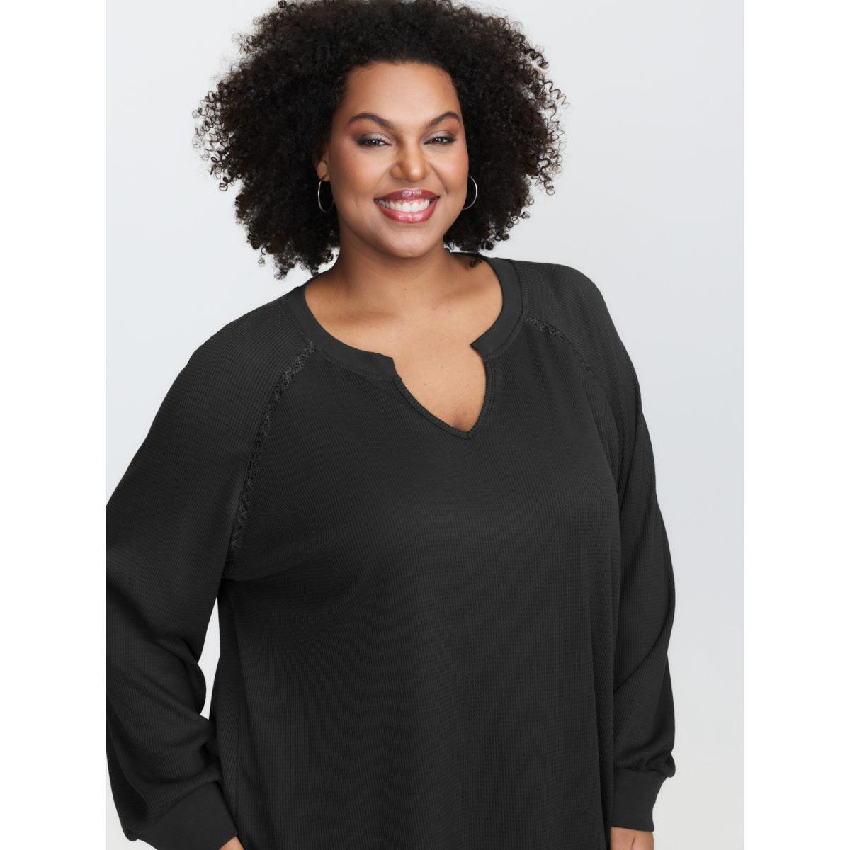 Plus Size Waffle Grid Notched Collar Lace Sweatshirt Women Deepred Leisure Woven ribbon&lace trim Flat collar with V-notch Casual Sweatshirts BloomChic 12/L Product Image