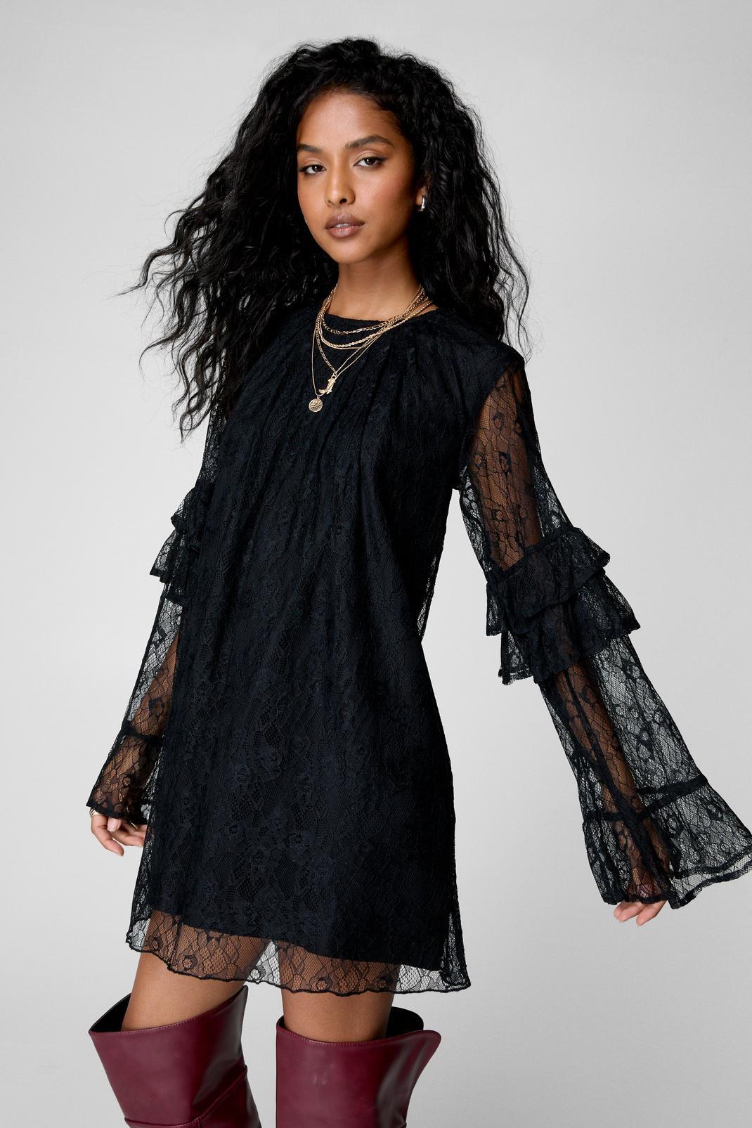 Lace Ruffle Fluted Sleeve Tunic Mini Dress Product Image