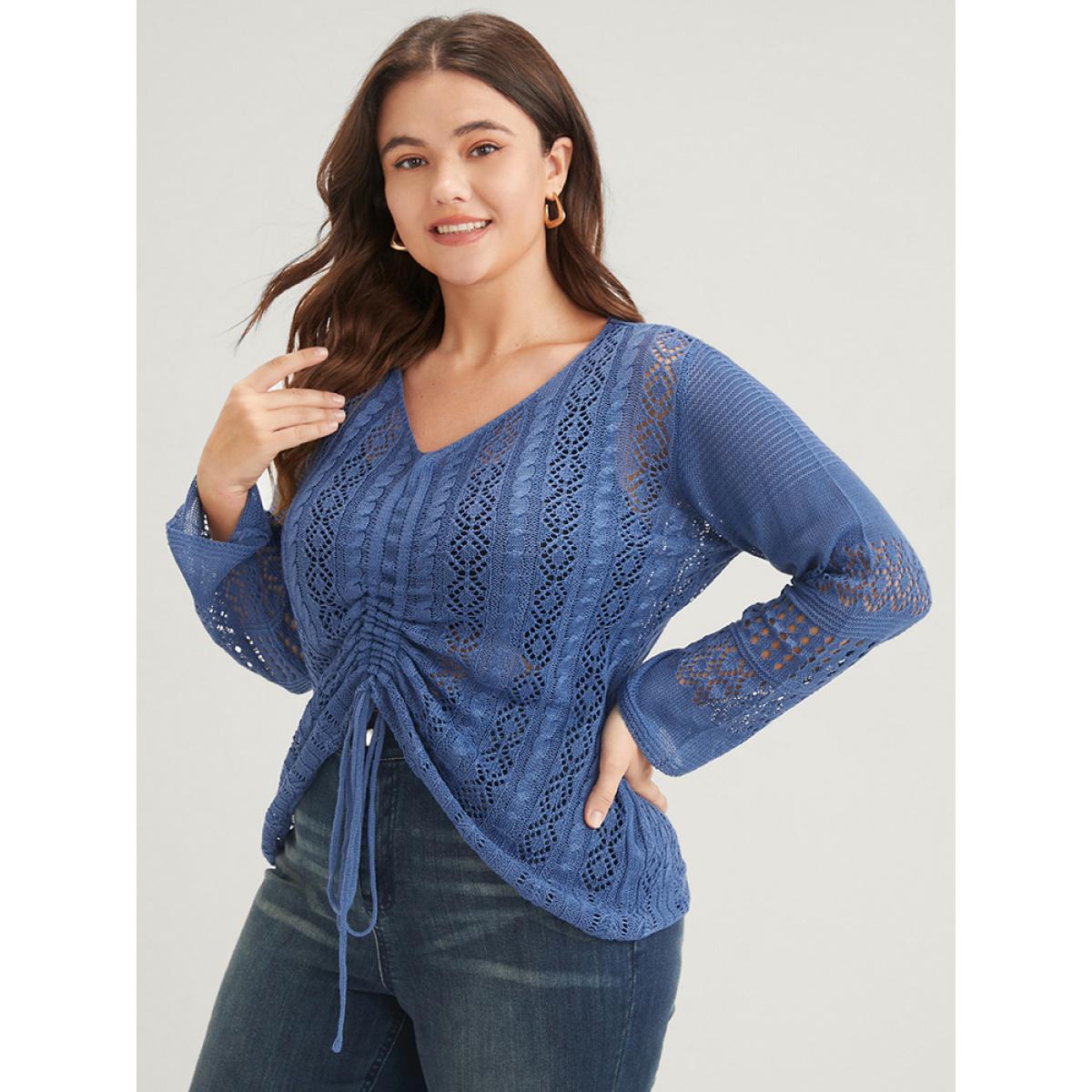 Plus Size Plain Pointelle Knit V Neck Crochet Drawstring Knit Top Blue Women Elegant Long Sleeve V-neck Dailywear Pullovers BloomChic 30/6X Product Image