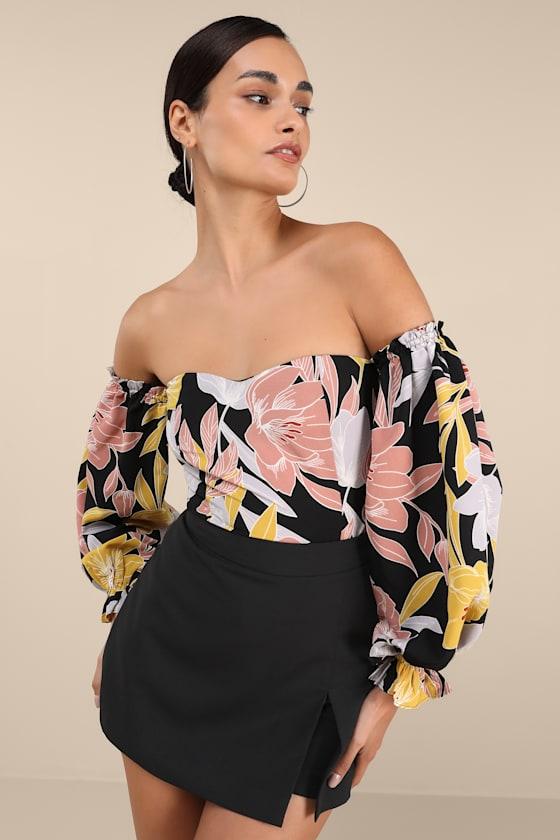 Bring the Blossom Black Floral Print Off-the-Shoulder Bodysuit Product Image