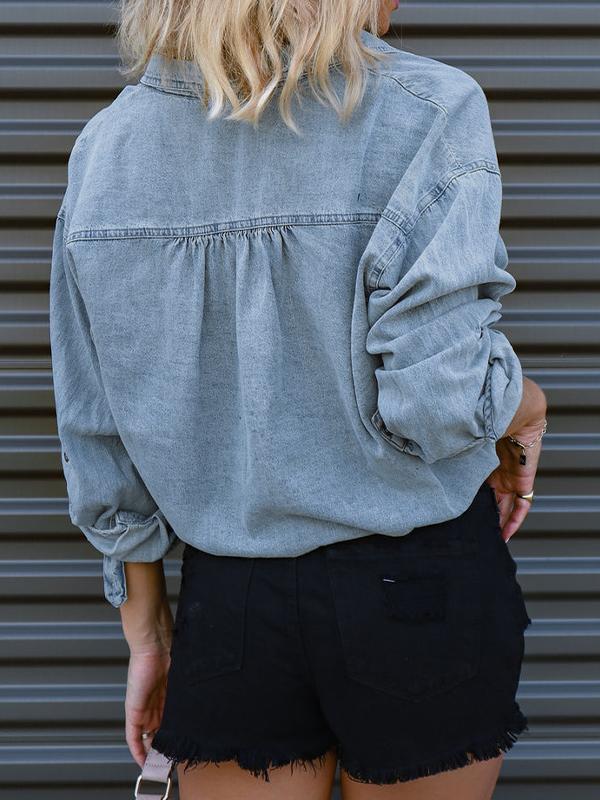 Vintage Dual Pocket Drawstring Denim Blouses&Shirts Product Image