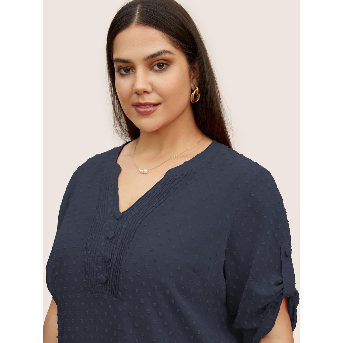 Plus Size Indigo Chiffon Plain Textured Pleated Tab Sleeve Blouse Women At the Office Elbow-length sleeve Shirt collar Work Blouses BloomChic 14-16/1X Product Image