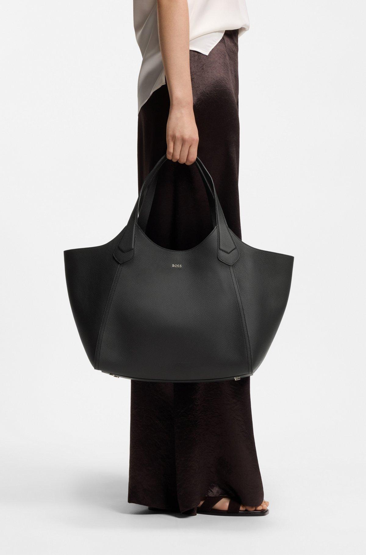 Leather tote bag with metallic logo lettering Product Image