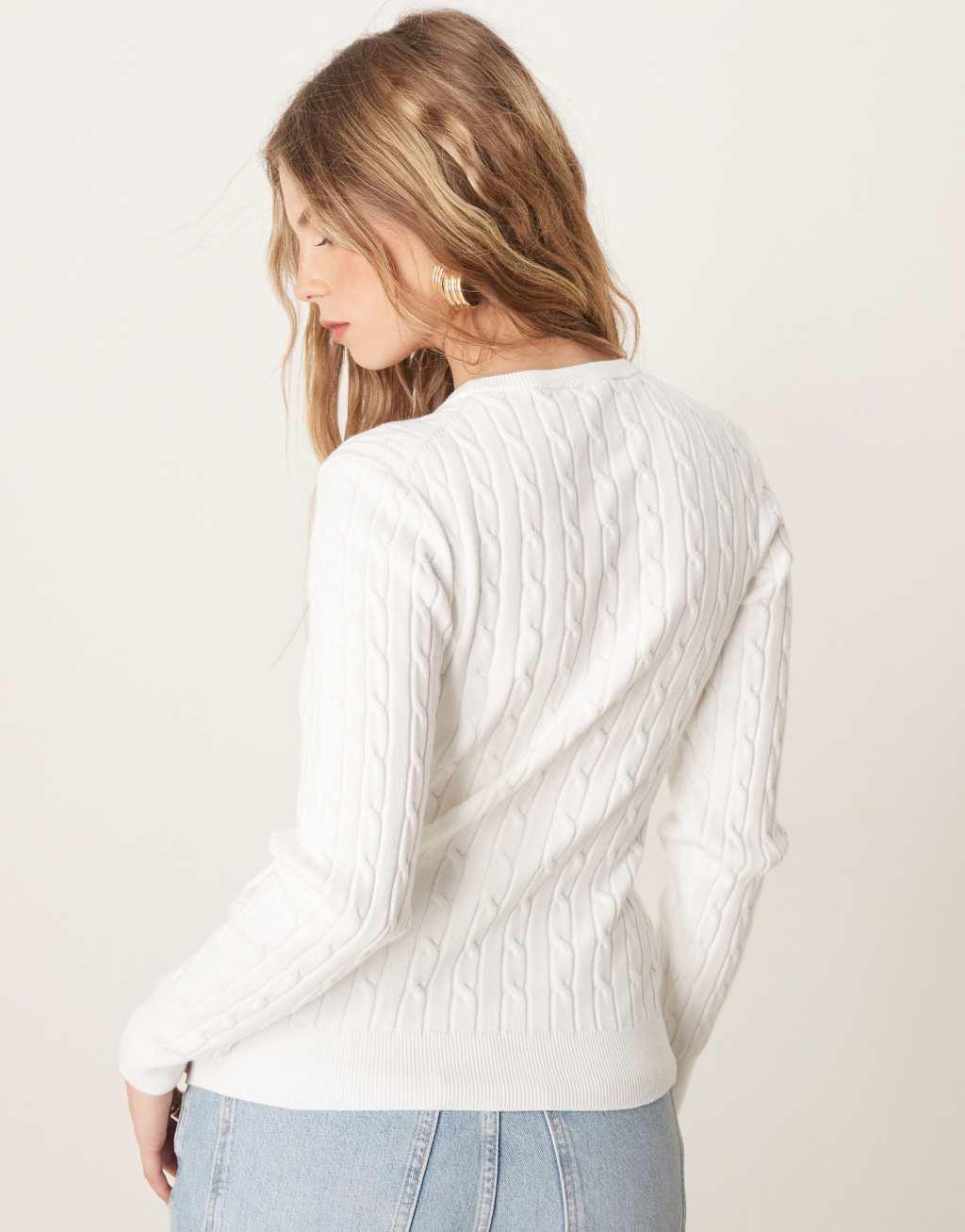 GANT cotton cable knit crew neck sweater with logo in white Product Image