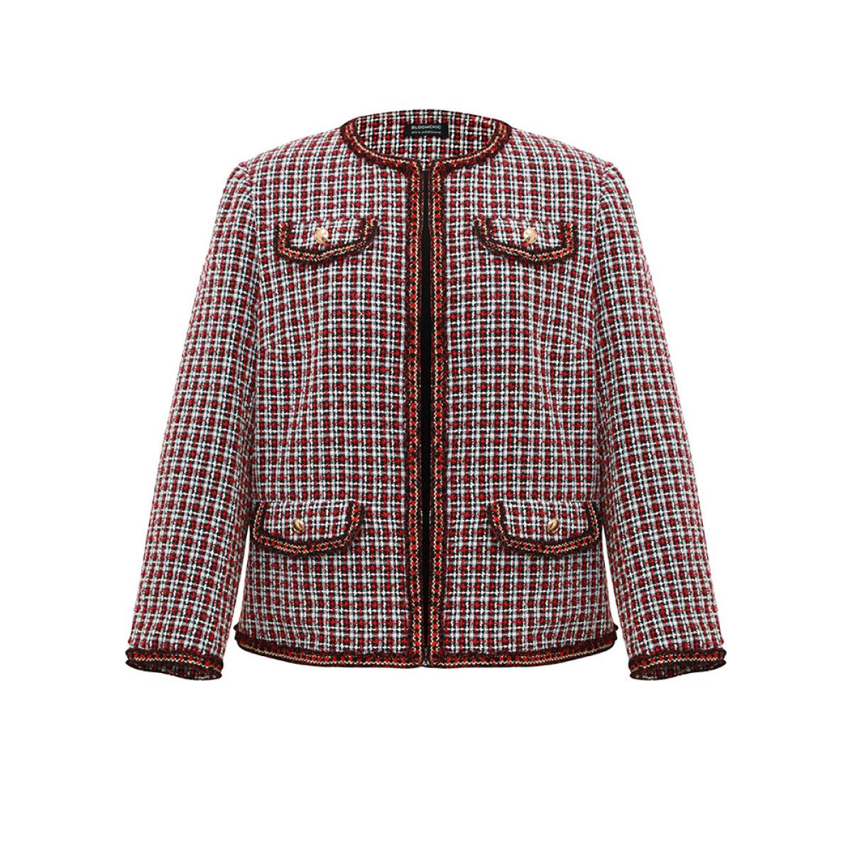 Plus Size Coarse Tweed Gingham Plisse Flap Pocket Blazer Women Scarlet Office Texture Ladies Office Winter Coats BloomChic 30/6X Product Image