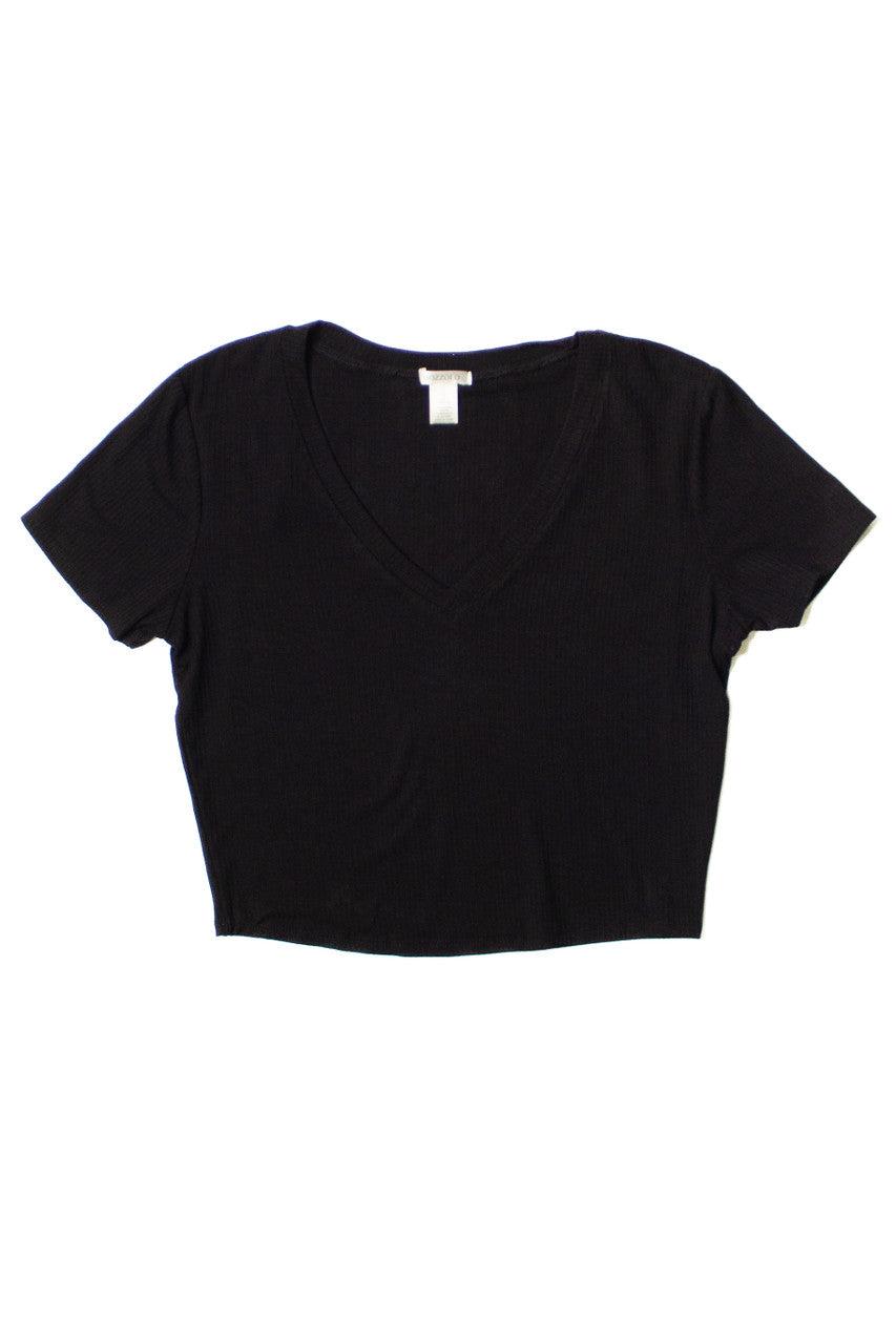 Extended Sizes Black Ribbed V Neck Crop Tee Product Image