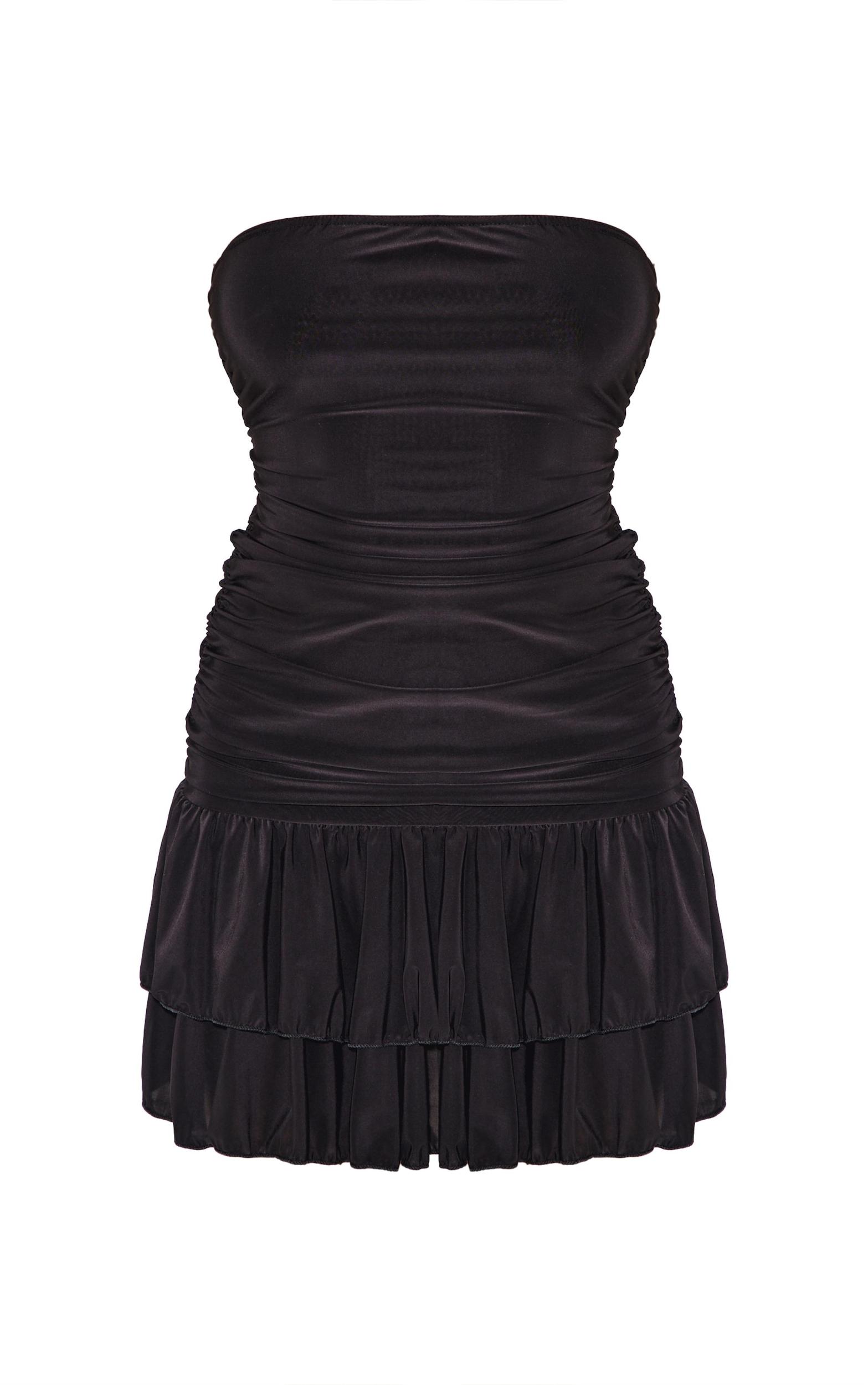 Black Slinky Ruched Tiered Shift Dress Product Image