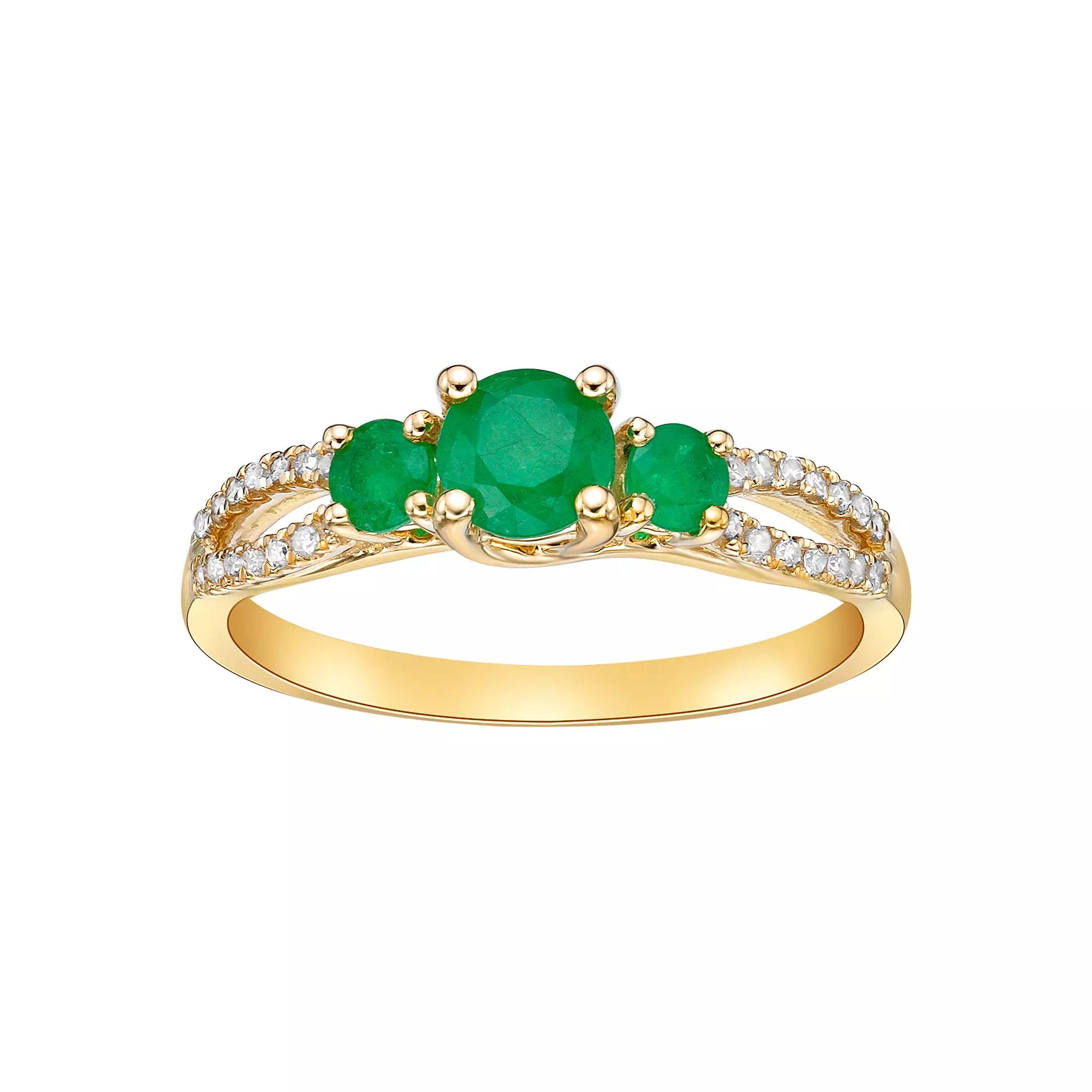 Gemminded 10k Gold 1/8 Carat T.W. Diamond & Emerald 3-Stone Ring, Women's Product Image