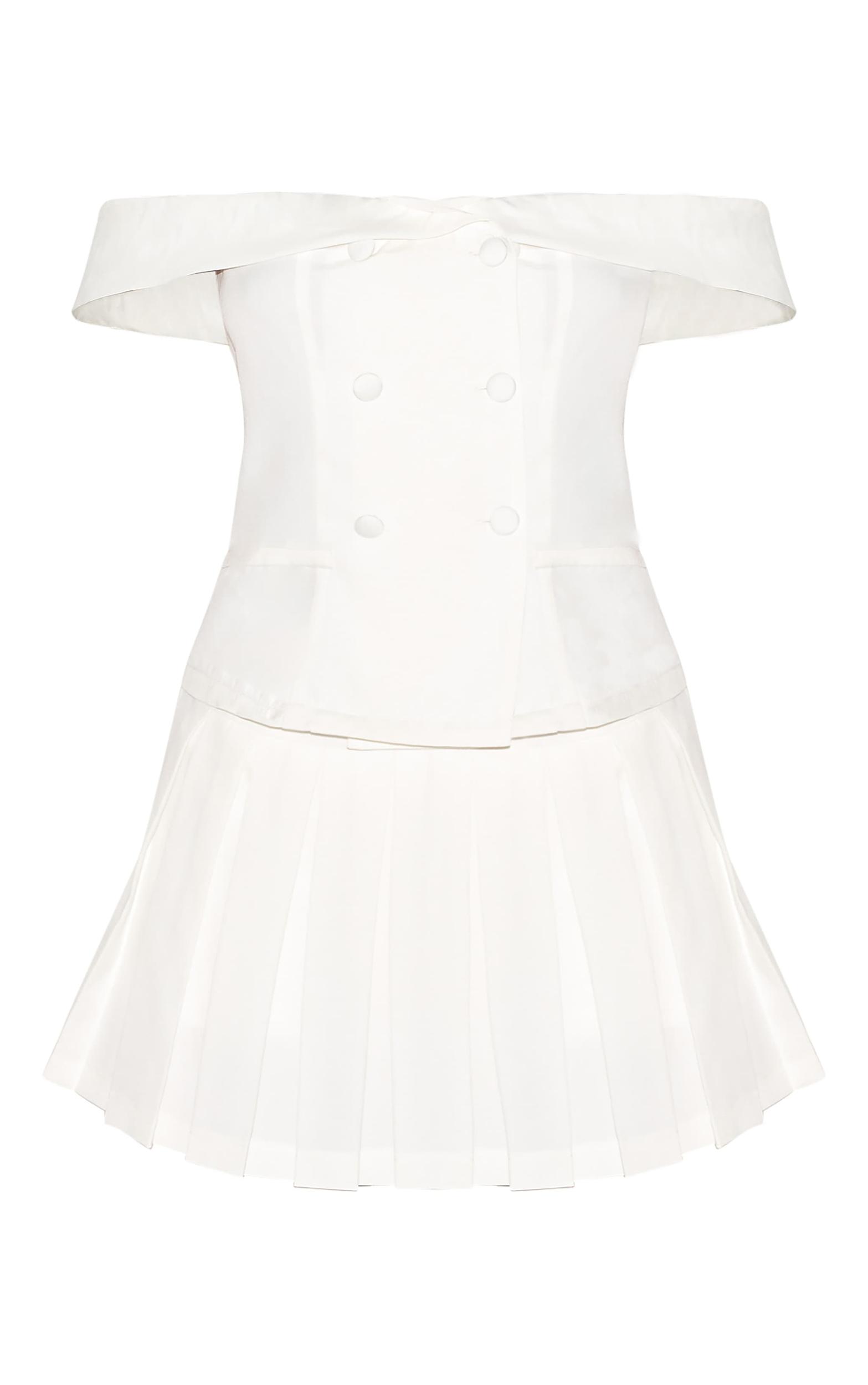 White Tailored Button Detail Bardot Pleated Skort Romper Product Image