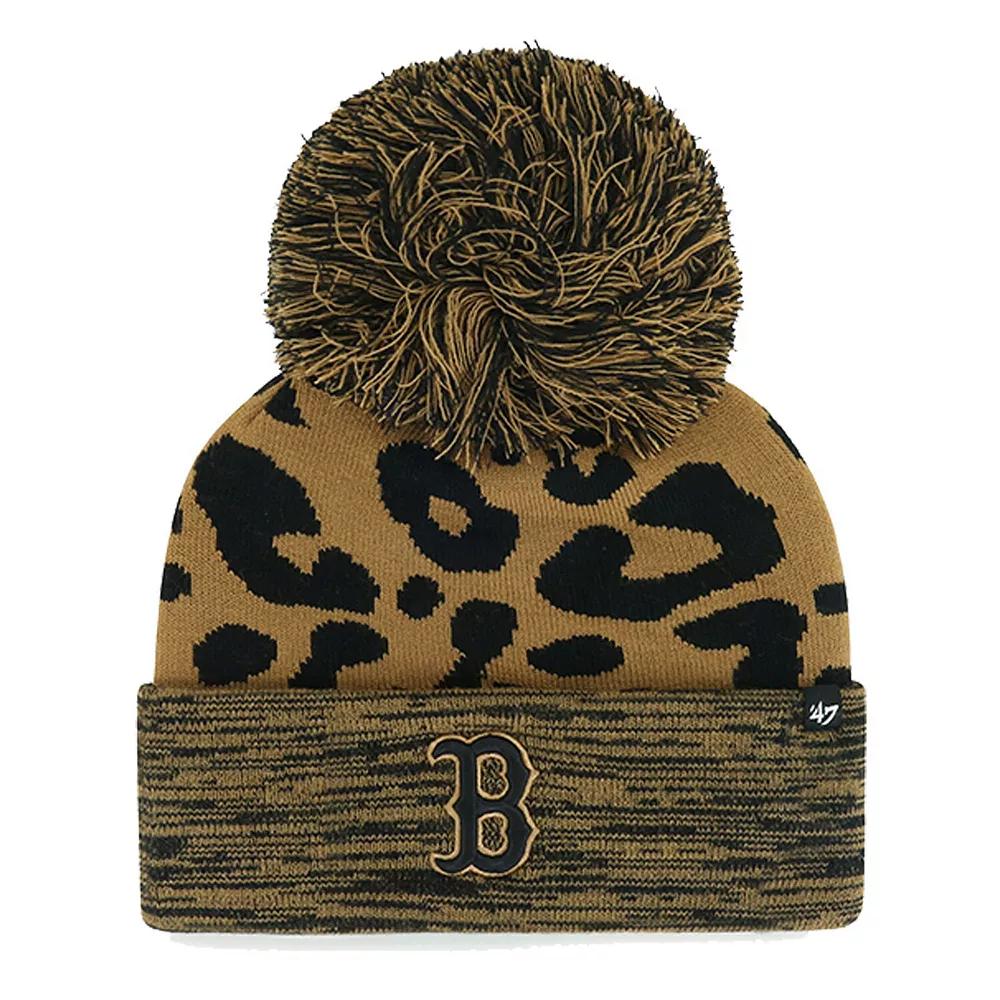 Women's '47 Boston Red Sox Leopard Rosette Cuffed Knit Hat with Pom, Brown Product Image