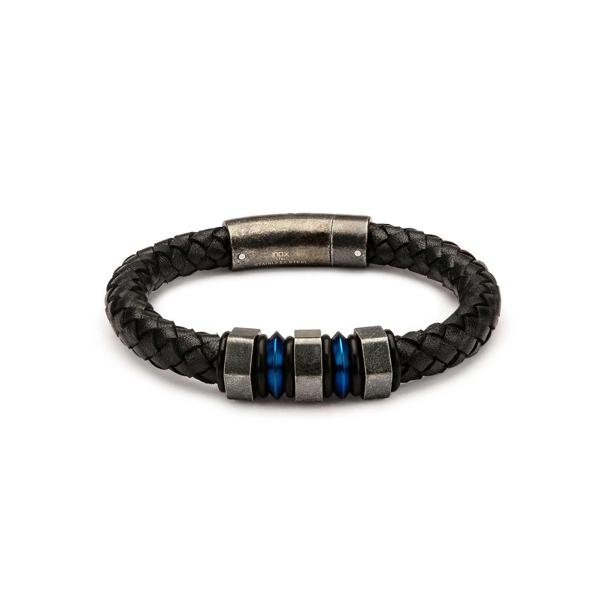 Mens Two Tone Stainless Steel Black Leather Bracelet Product Image