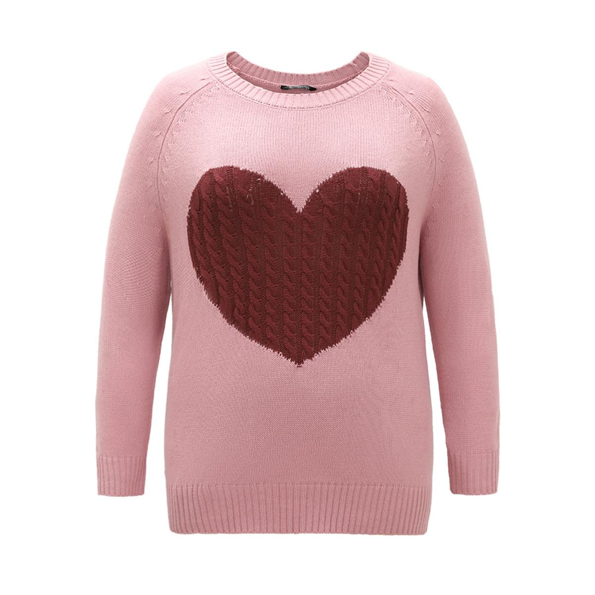Plus Size Heart Cable Knit Two Tone Raglan Sleeve Pullover DustyPink Women Casual Long Sleeve Round Neck Everyday Pullovers BloomChic 26/4X Product Image