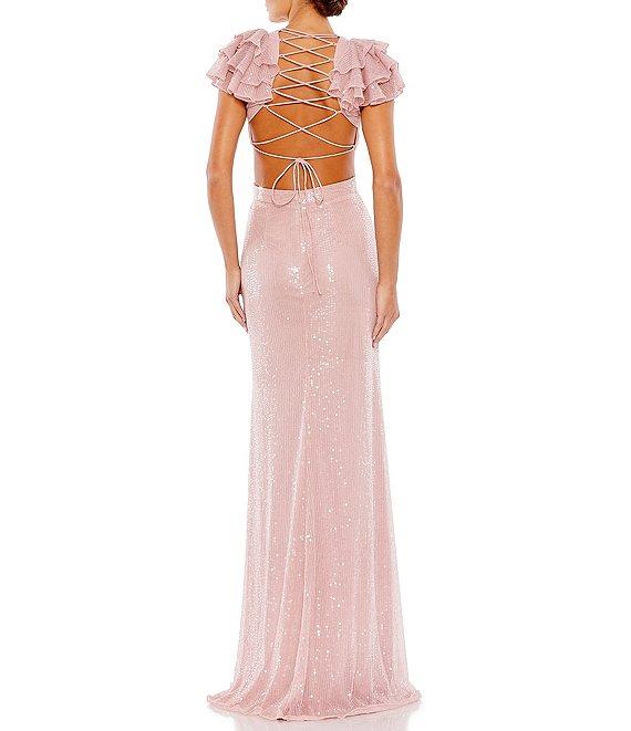 Mac Duggal V-Neck Ruffle Cap Sleeve Cut-Out Open Strappy Corset Back Gown Product Image