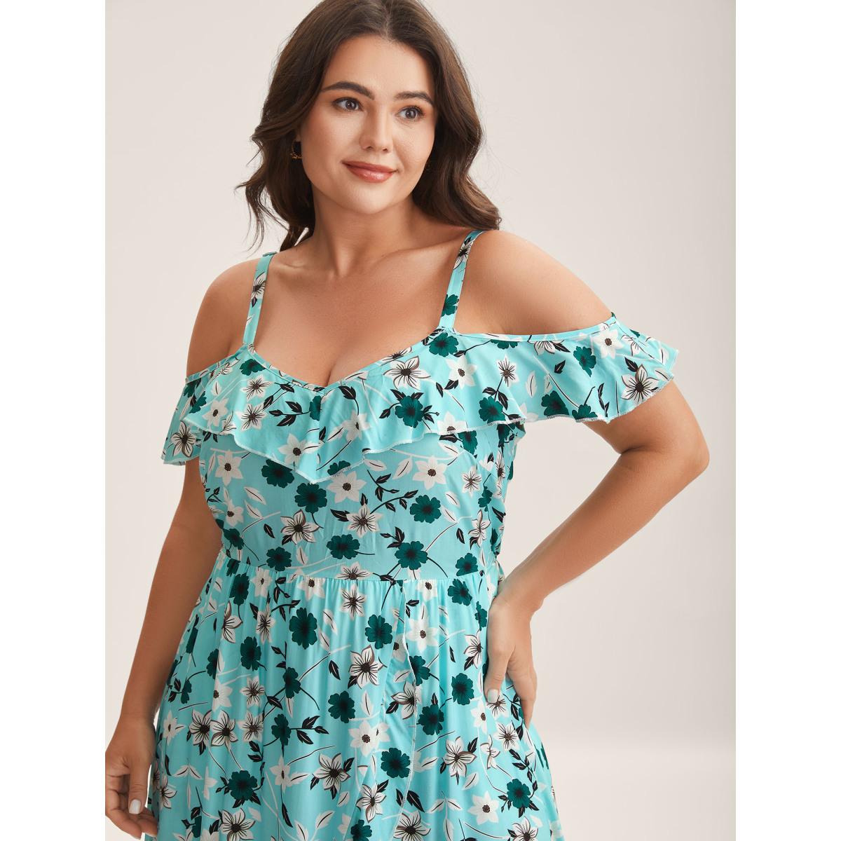 Plus Size Off-Shoulder Floral Print Adjustable Midi Dress Turquoise Women Non Sleeveless Curvy BloomChic 22-24/3X Product Image