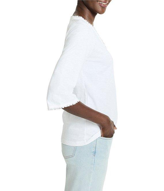 NIC + ZOE Knit V-Neck Elbow Sleeve Fringe Trim Tee Product Image