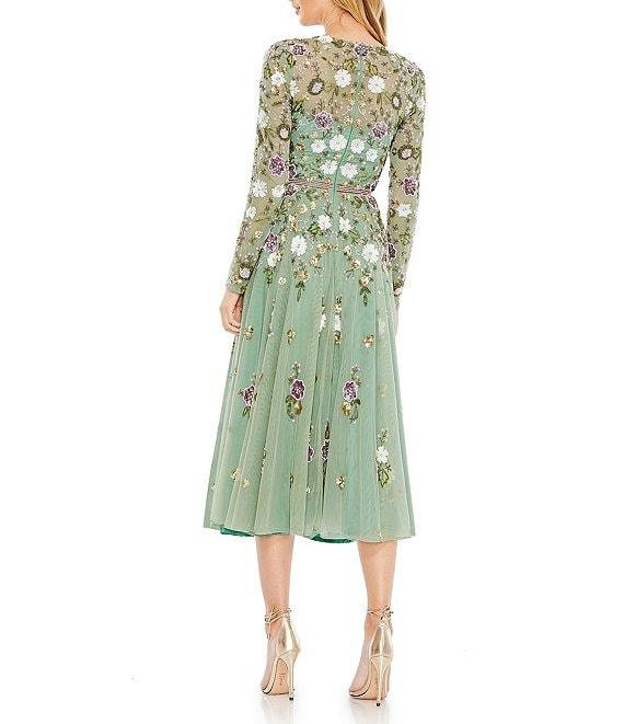 Mac Duggal Sequin Floral Crew Neck Long Sleeve Midi Dress Product Image