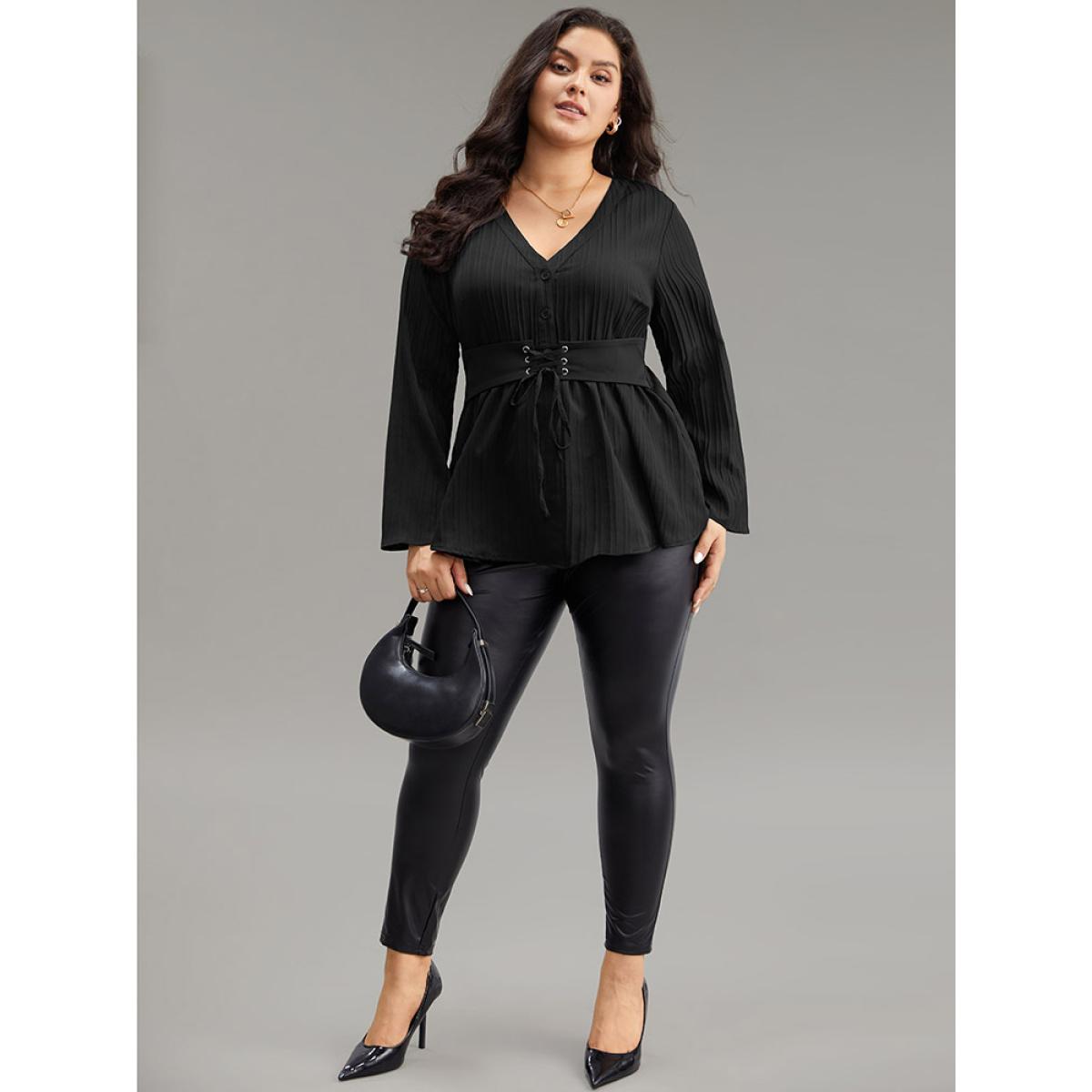 Plus Size Black Solid Textured Button Detail Lace Up Blouse Women At the Office Long Sleeve V-neck Office Blouses BloomChic 28/5X Product Image