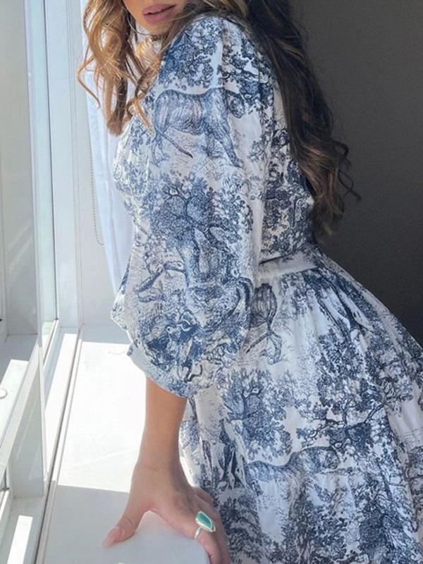 Loose Puff Sleeves Pleated Printed Split-Joint Tied Waist Lapel Mini Dresses Shirt Dress Product Image