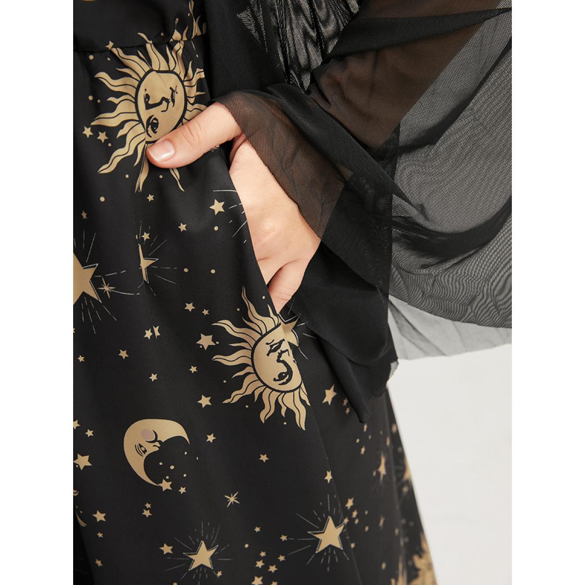 Plus Size Halloween Moon And Star Bell Sleeve Pocket Crew Neck Midi Dress Black Women Elegant Patchwork Round Neck Long Sleeve Curvy Midi Dress BloomChic 26/4X Product Image