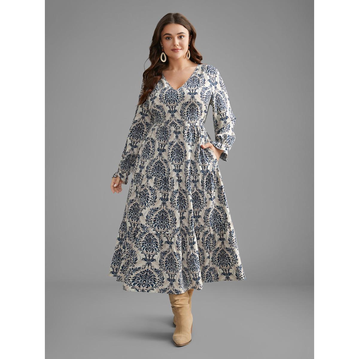 Plus Size V Neck Boho Print Ruffles Maxi Dress DarkBlue Women Resort Ruffles V-neck Long Sleeve Curvy BloomChic 28/5X Product Image