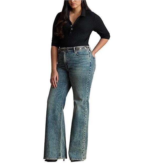 Lauren Ralph Lauren Plus Size Rib-Knit Polo Collar 3/4 Sleeve Shirt Product Image