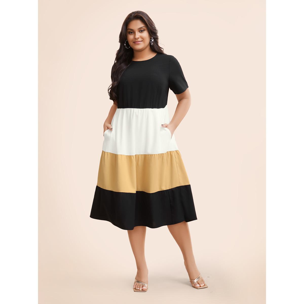 Plus Size Contrast Belted Pocket Layered Hem Dolman Sleeve Dress Black Women Elegant Belted Round Neck Cap Sleeve Curvy Midi Dress BloomChic 10/M Product Image