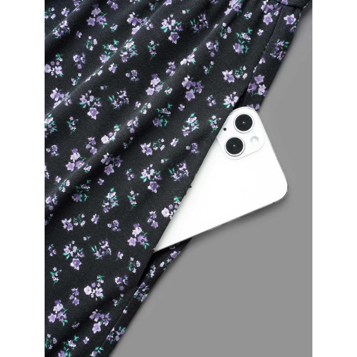 Plus Size Square Neck Ditsy Floral Elastic Waist Dress BlackFlower Women Elegant Non Knit Dresses Bloomchic 14-16/1X Product Image