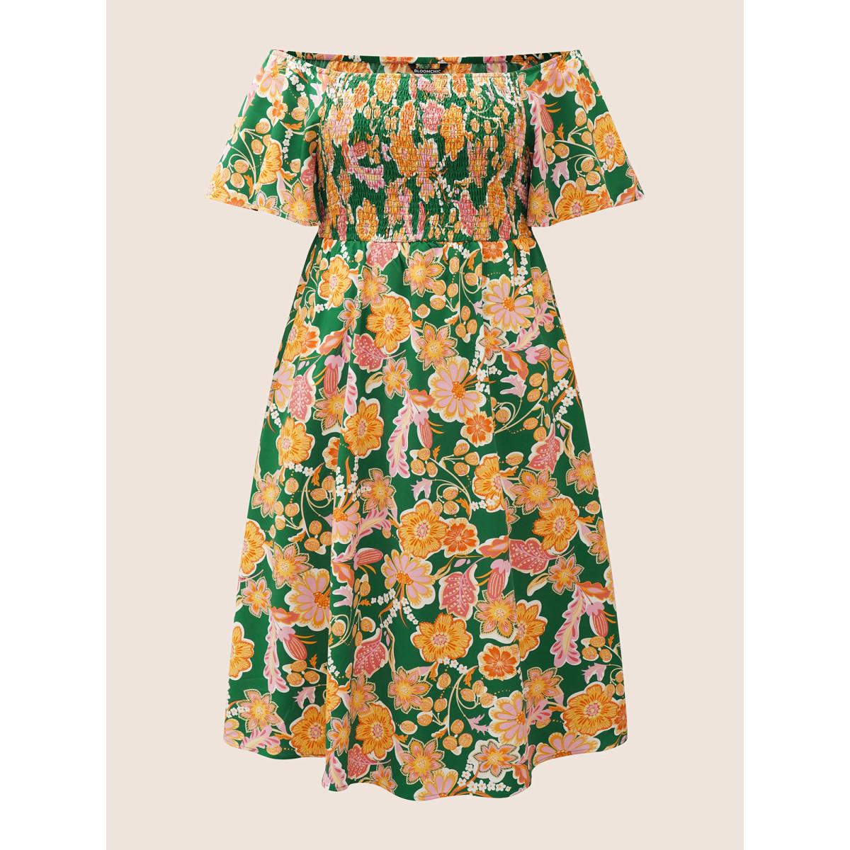 Plus Size Floral Shirred Off Shoulder Flutter Sleeve Dress Green Women Resort Shirred One-shoulder neck Short sleeve Curvy BloomChic 14-16/1X Product Image