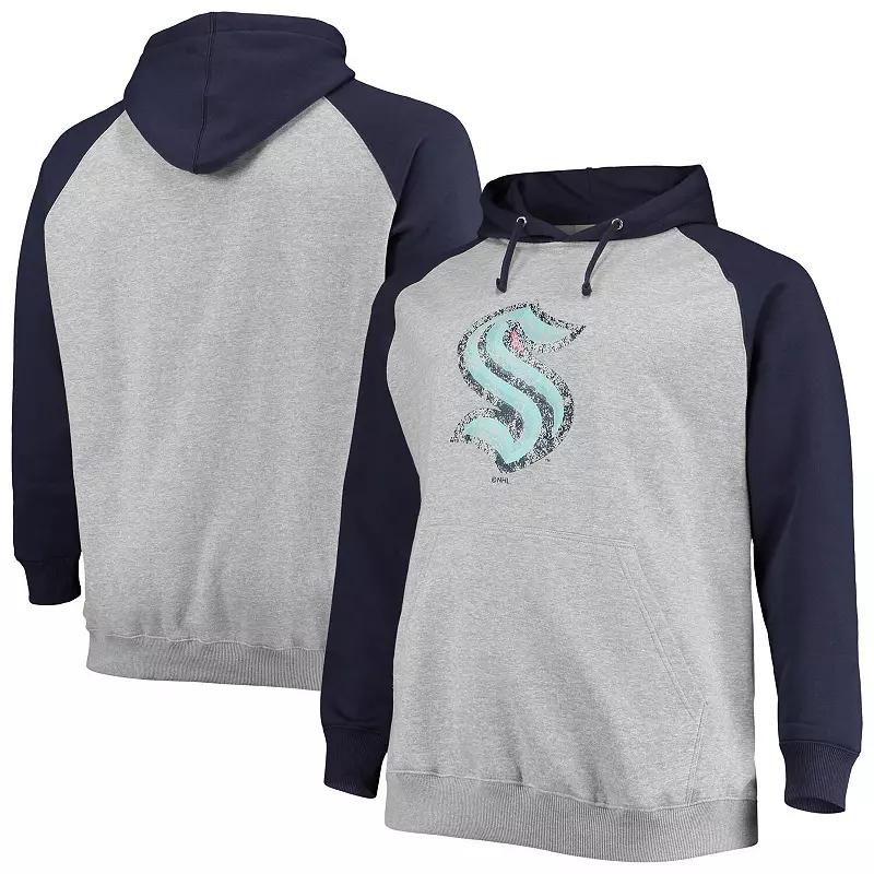Men's Fanatics Branded Heathered Gray/Deep Sea Blue Seattle Kraken Big & Tall Raglan Pullover Hoodie, Size: 2XLT, Krk Grey Product Image