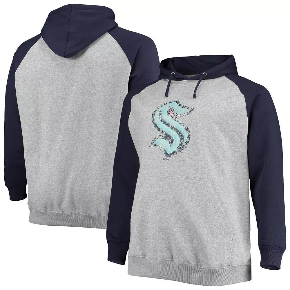 Men's Fanatics Branded Heathered Gray/Deep Sea Blue Seattle Kraken Big & Tall Raglan Pullover Hoodie, Size: 2XLT, Krk Grey Product Image
