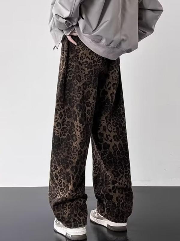 Men'S American Retro Niche Leopard Print Loose Jeans Product Image