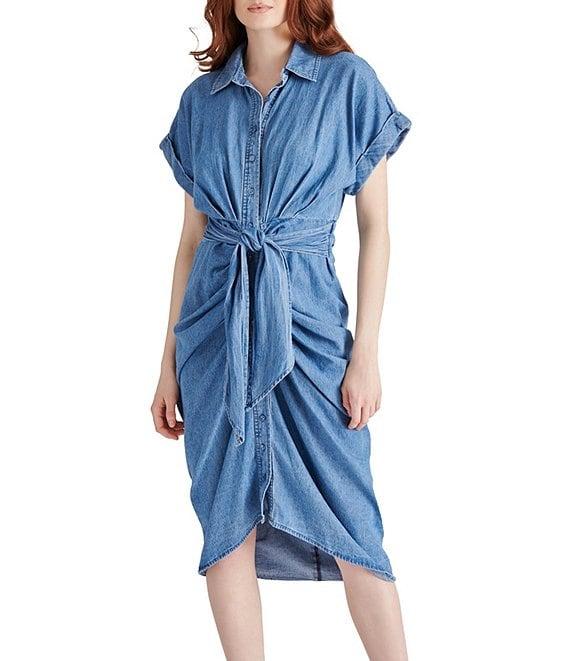 Steve Madden Chambray Point Collar Button Down Tie-Front Short Sleeve Dress Product Image